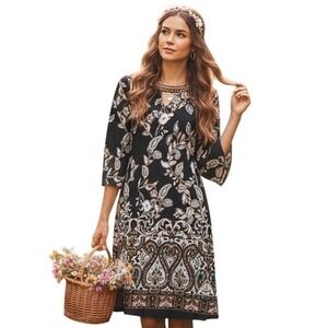 NY Collection Black Paisley Floral Beaded Keyhole Neck 3/4 Sleeve Dress Size S